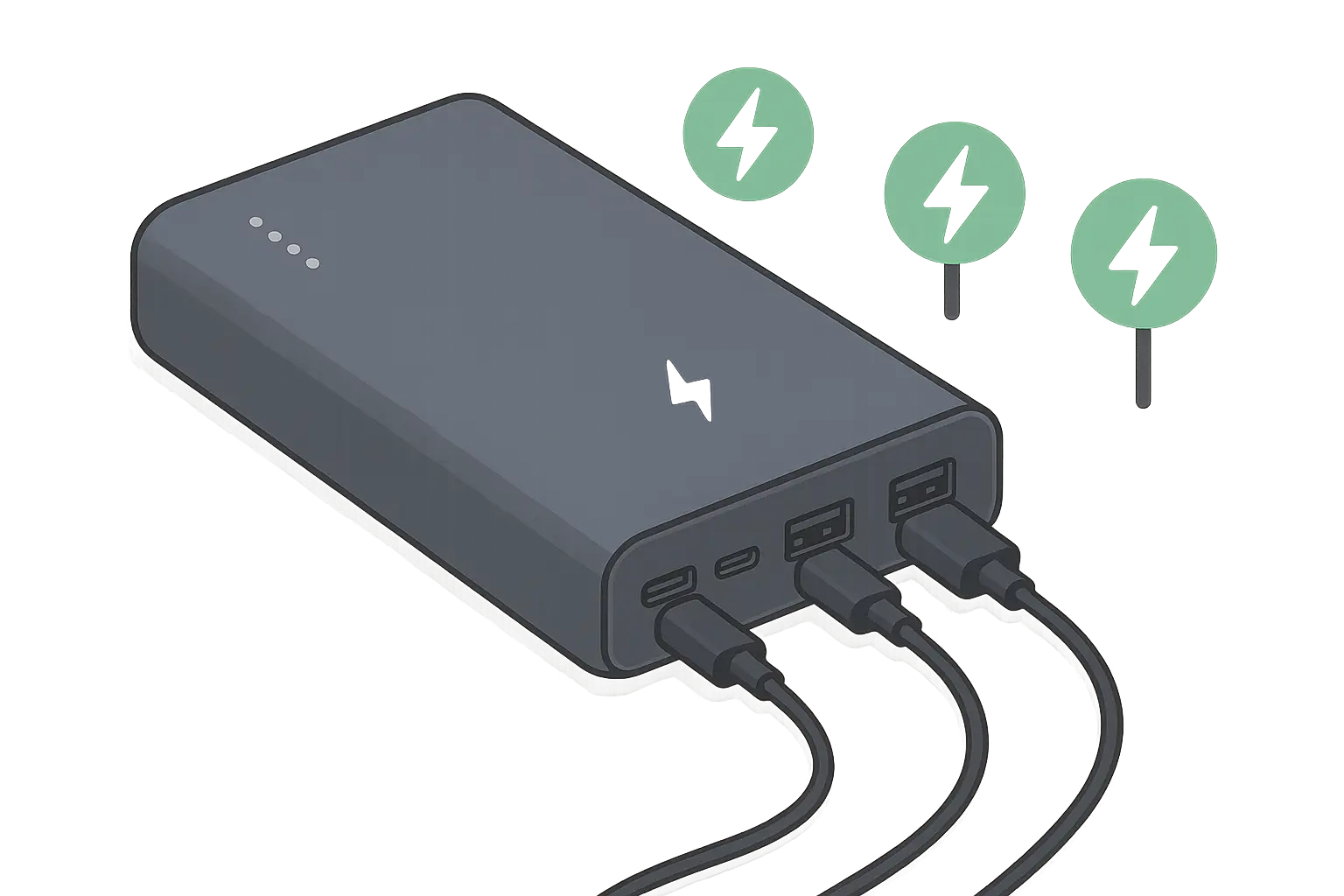 Fast-charging power bank with multiple devices connected showing high-power output