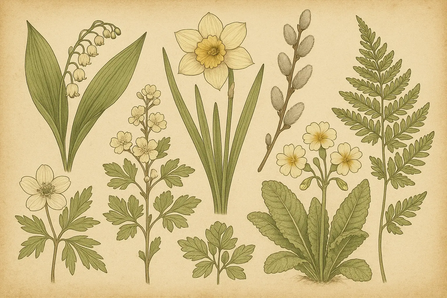Vintage botanical illustration spring wallpaper