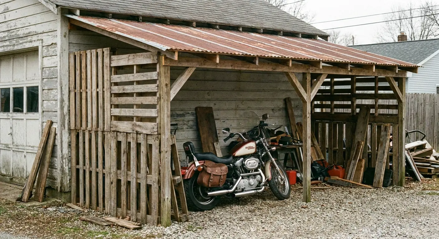 DIY pallet frame lean-to motorcycle shelter