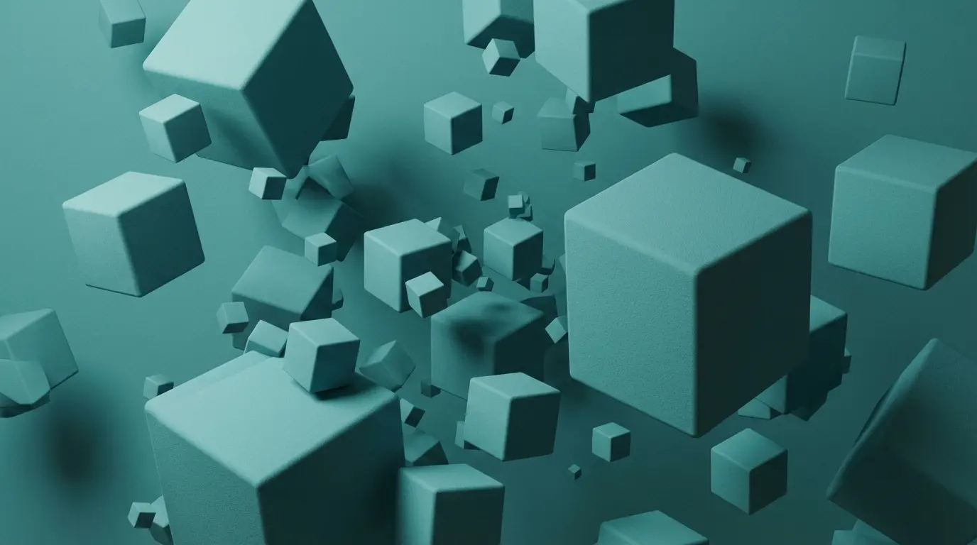3D Matte Geometric Cubes rendered in a monochromatic teal palette