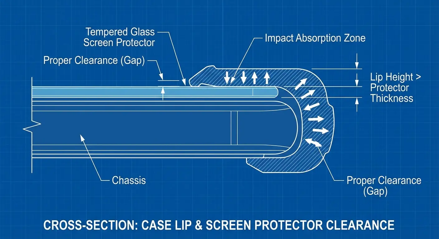 Phone case showing proper lip height extending above screen protector
