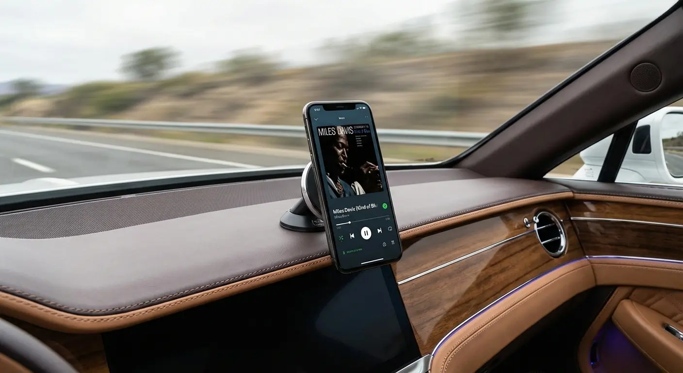Rokform magnetic dash mount holding a phone with a music app open