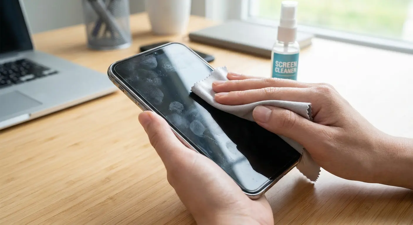 Proper screen cleaning technique demonstration