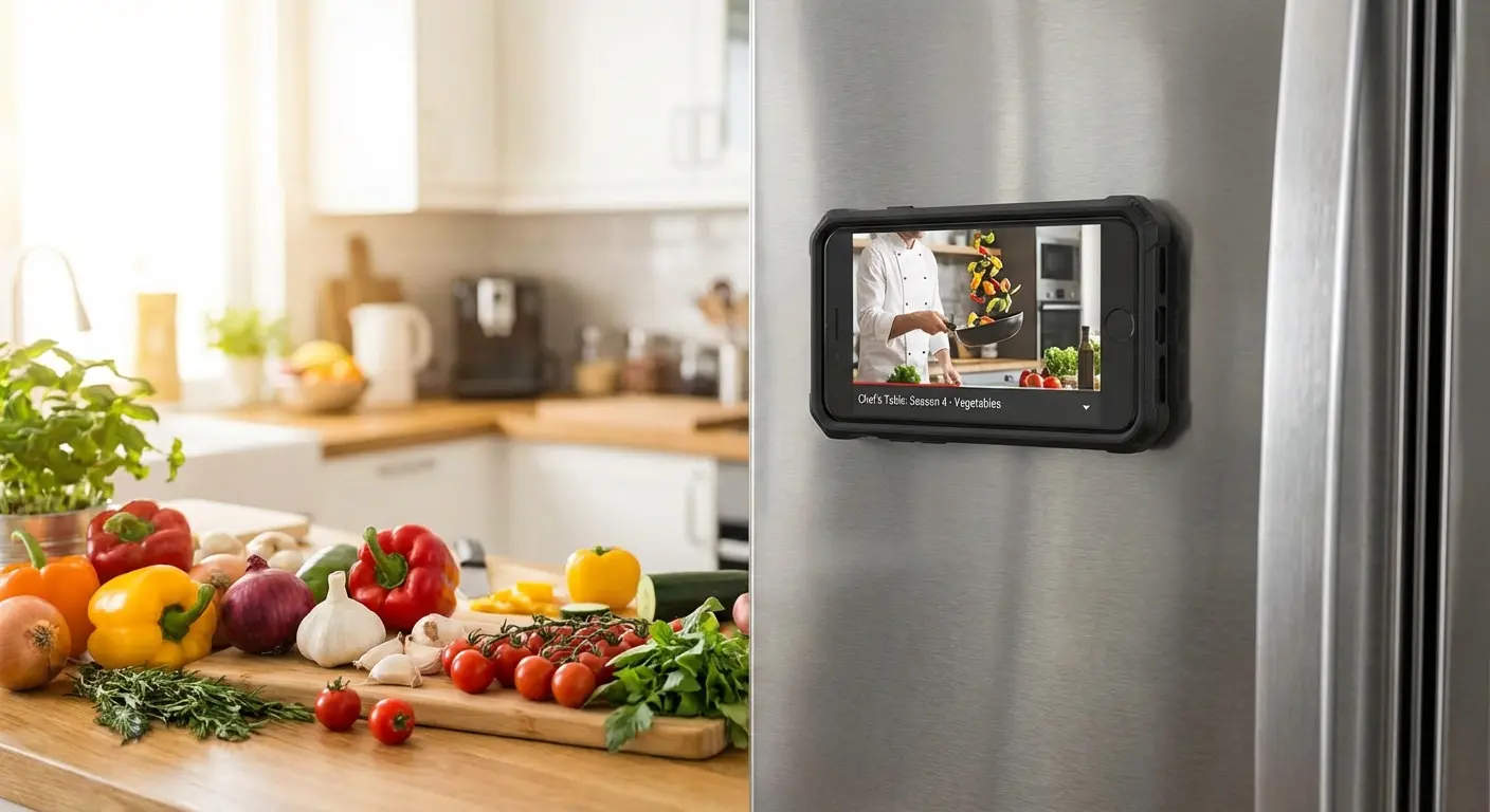 Phone mounted on a kitchen refrigerator using Rokform magnetic case