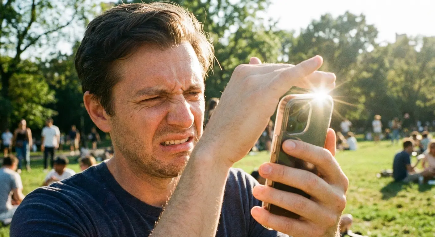 Person struggling to view phone screen outdoors in sunlight