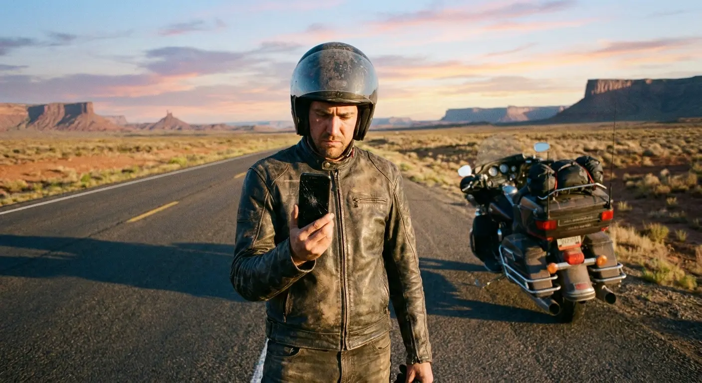 Rider checking dead phone next to motorcycle