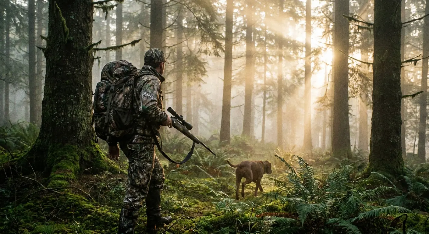 Hunter with gear in wilderness