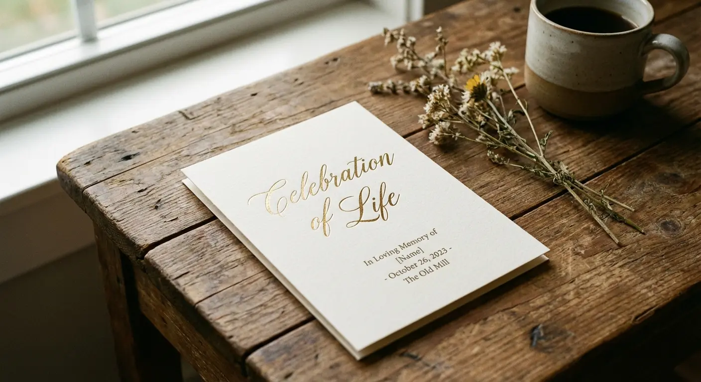 Close up of a celebration of life invitation with dress code details