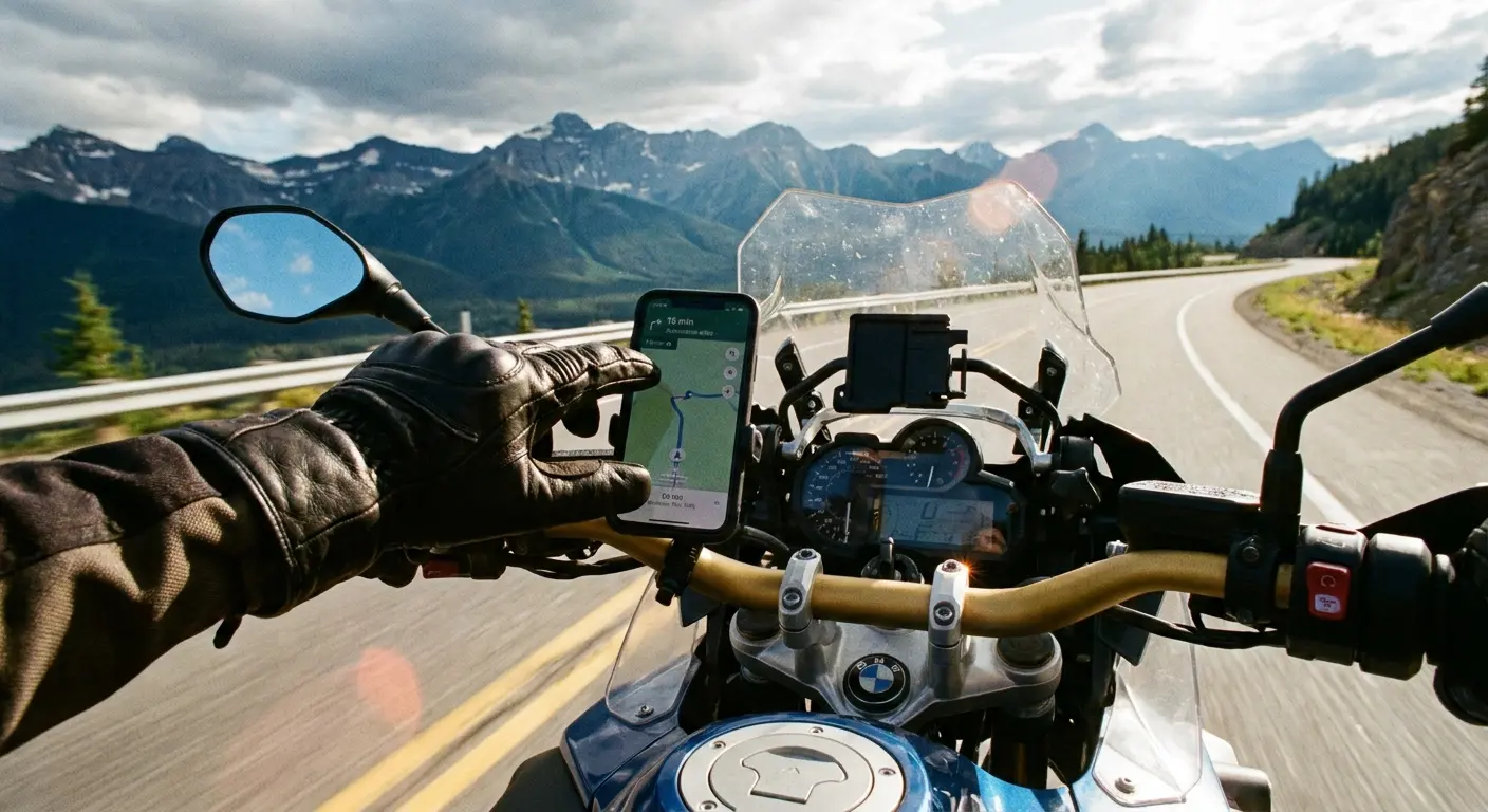 Motorcycle rider using phone navigation on tour