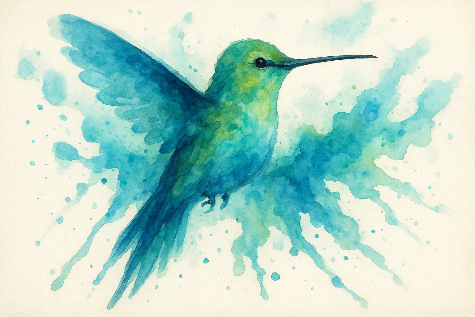 Watercolor hummingbird design with flowing blue and green colors