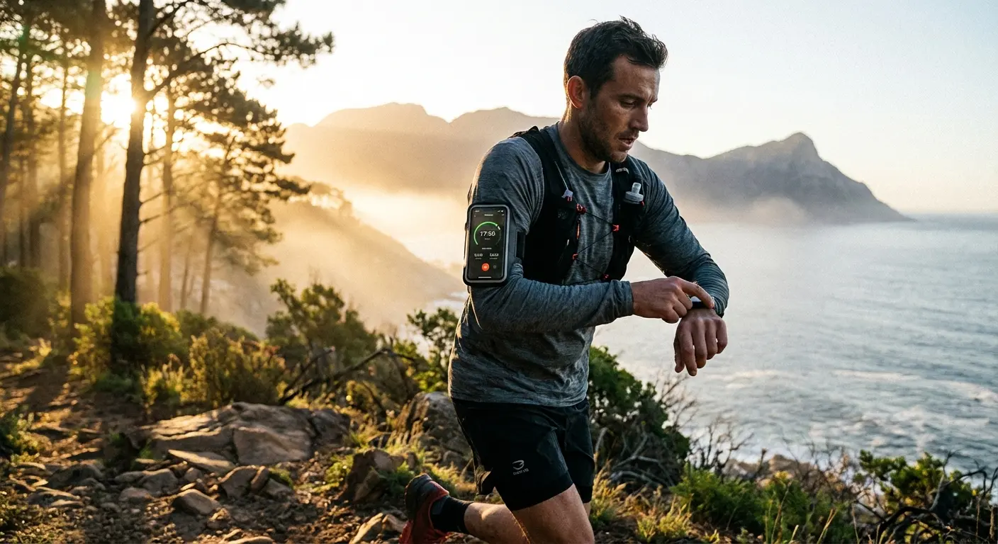 Runner checking stats on smartphone while running