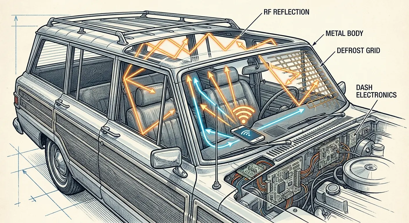 Car dashboard creating signal interference environment
