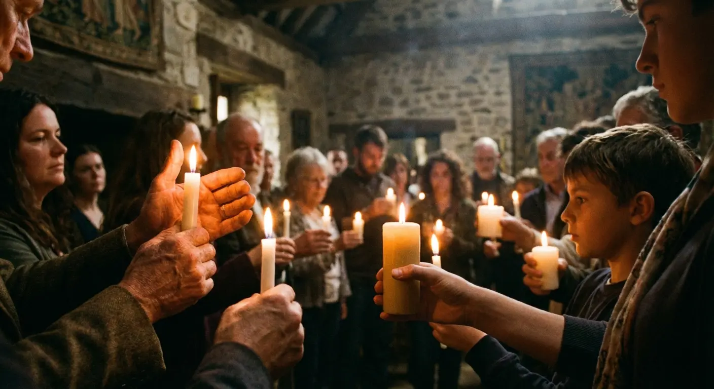 Diverse group reading funeral poems at a service