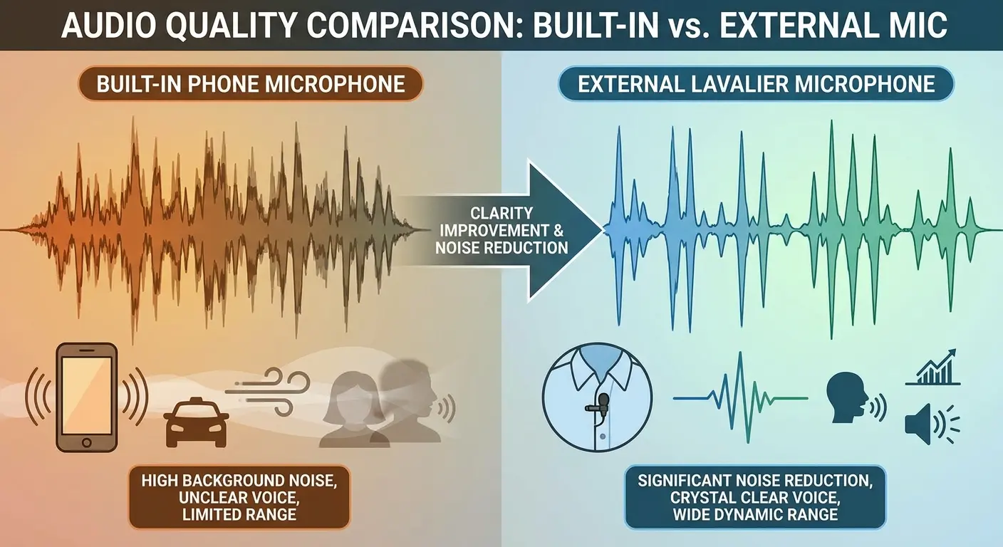 External lavalier microphone clipped to shirt collar