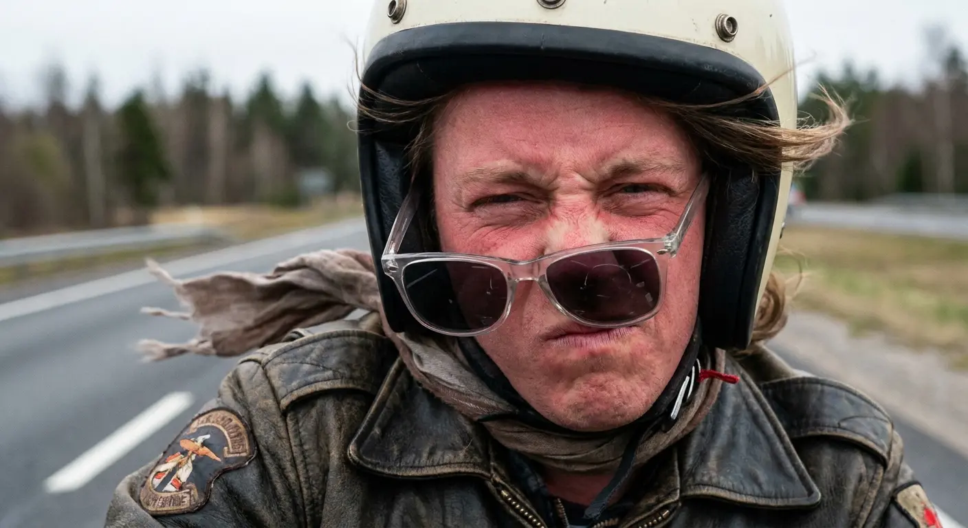 Rider wearing motorcycle sunglasses at high speed