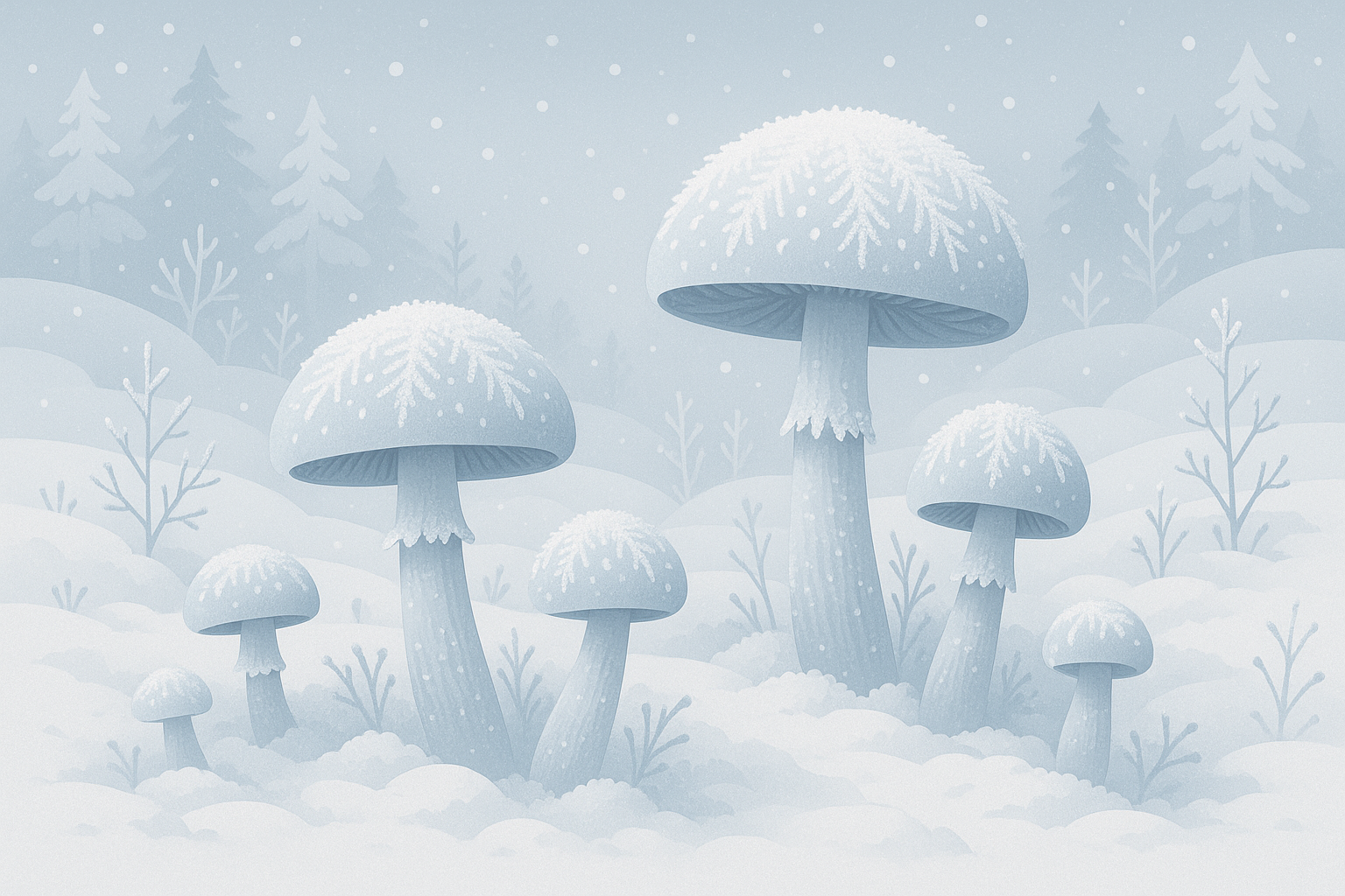 Winter mushroom wonderland with frost-covered fungi and snow