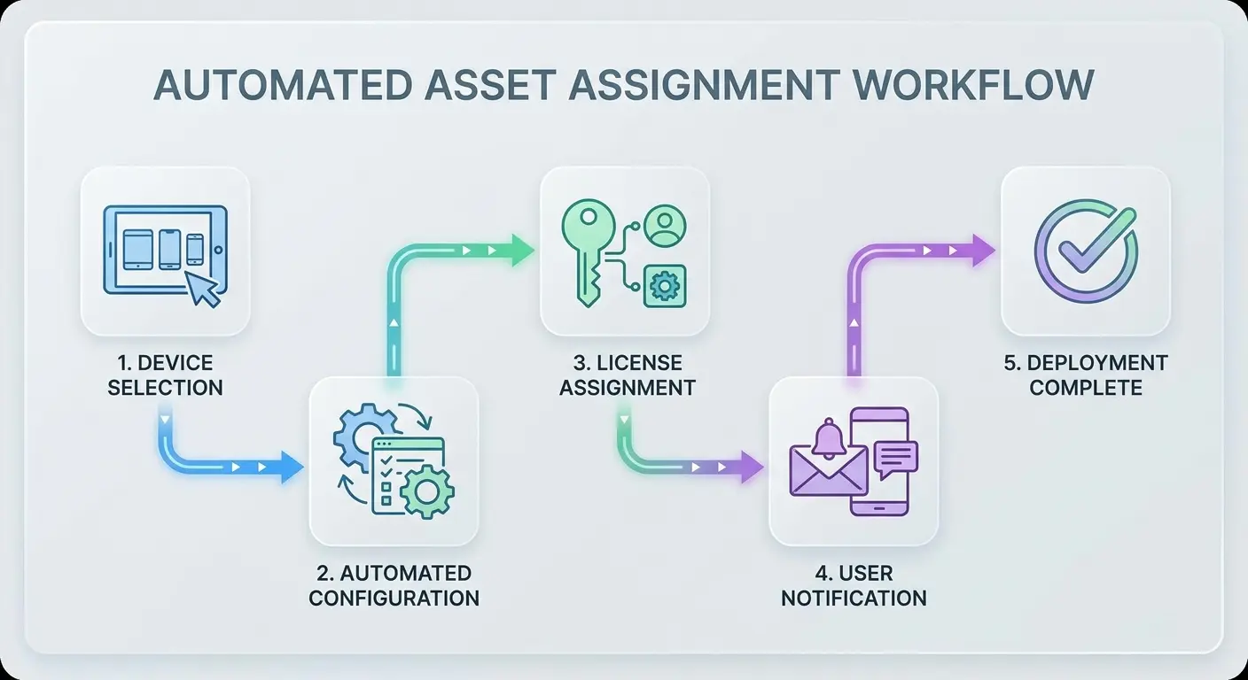 Automated assignment workflow showing device configuration, license transfers, and location updates happening simultaneously