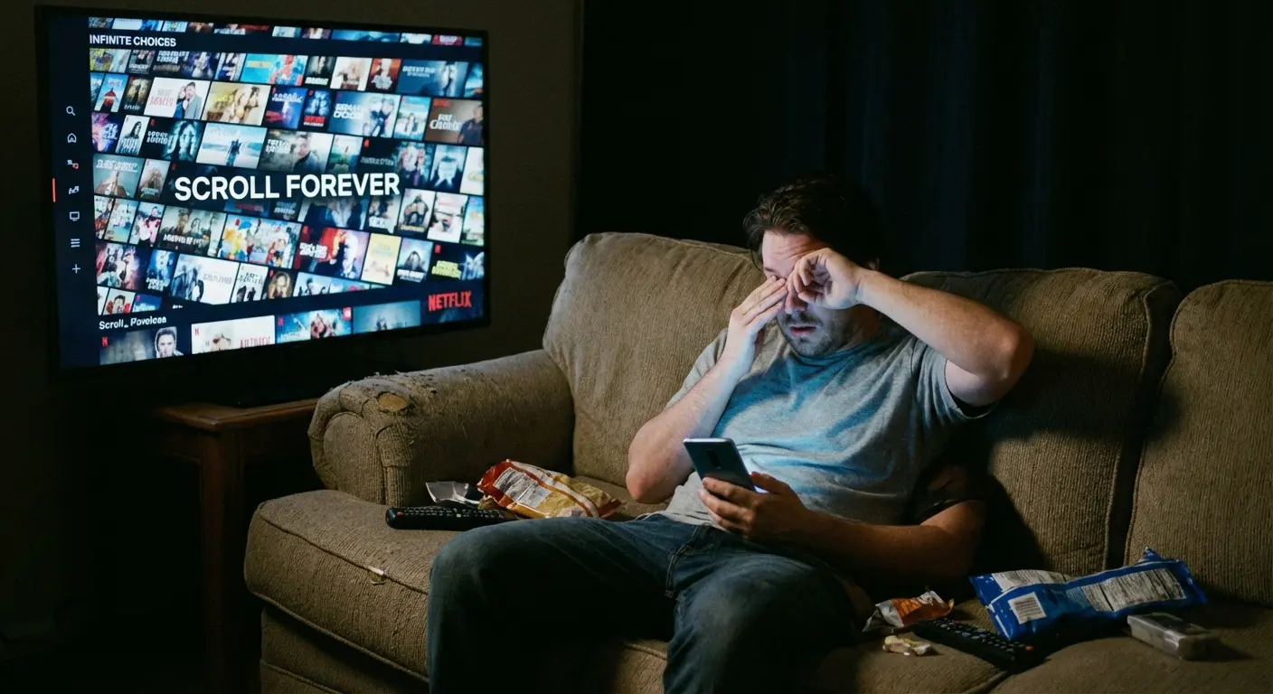 Person scrolling through movie apps on an Android phone while dinner gets cold