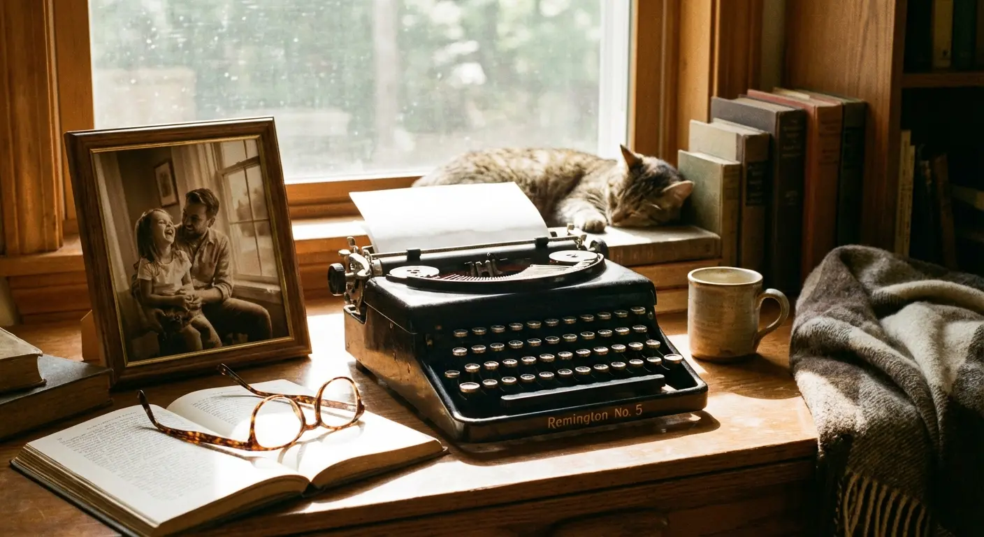 Daughter laughing while writing a funny eulogy for her father