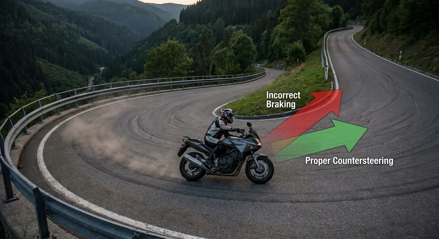 Motorcycle leaning through sharp corner on mountain road