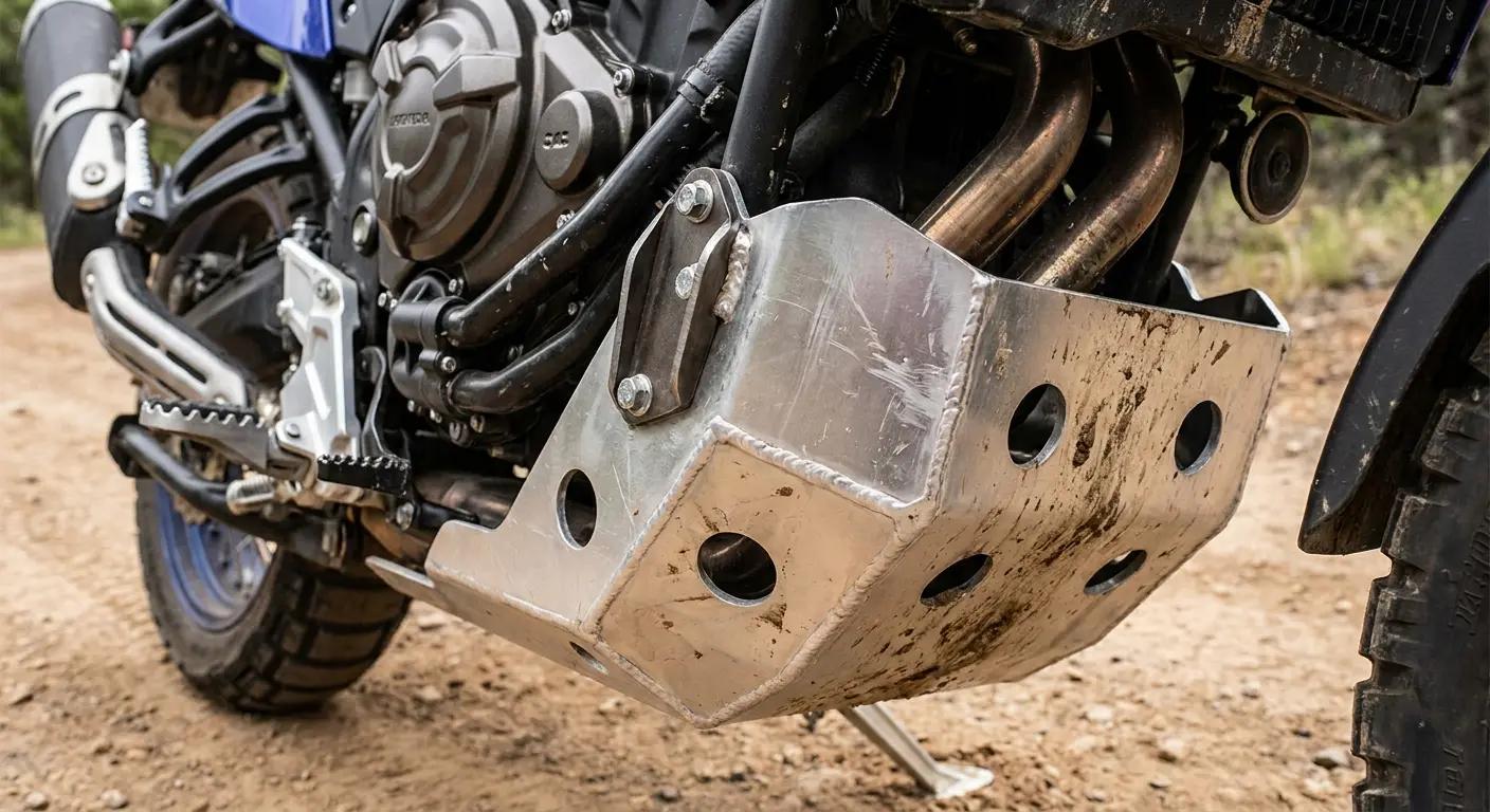 Aluminum skid plate protecting Indian motorcycle undercarriage and oil pan