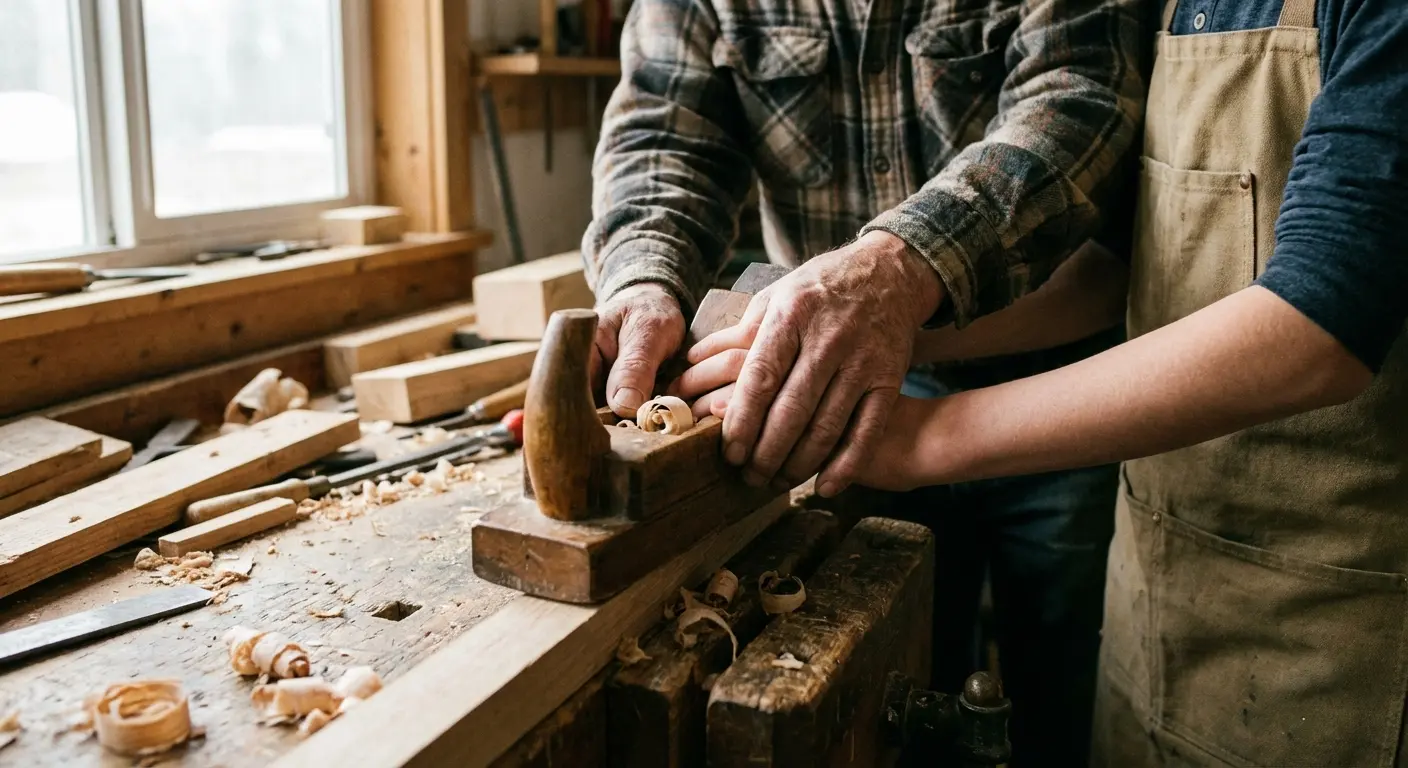 Uncle showing nephew how to use tools
