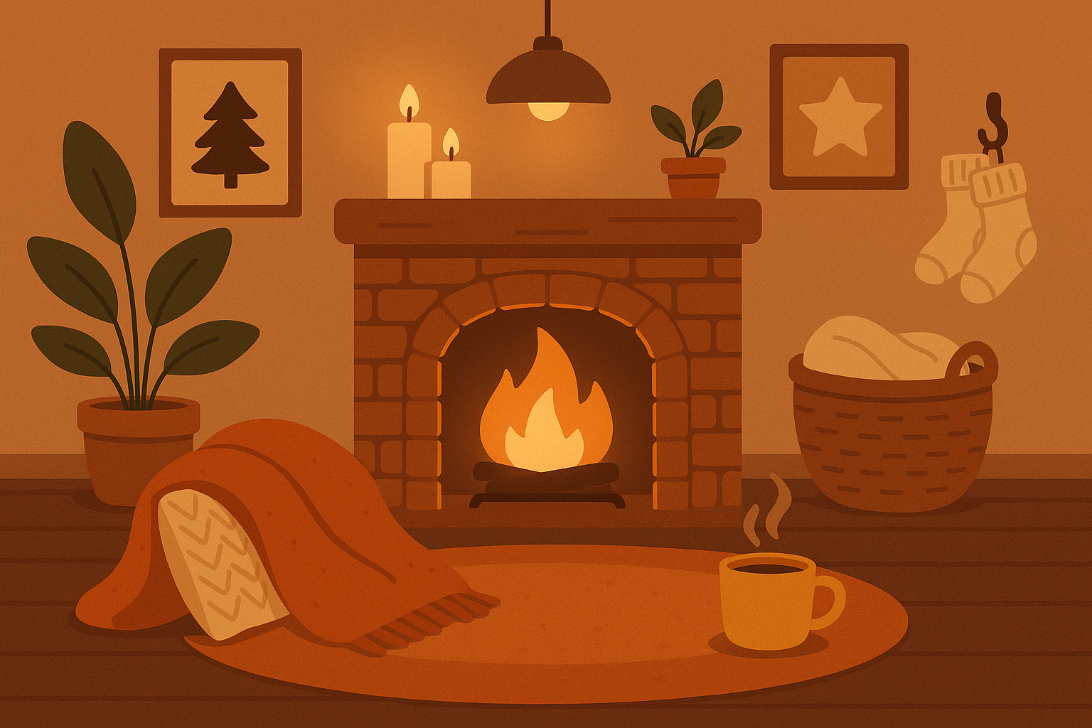 Cozy fireplace scene with hot cocoa wallpaper