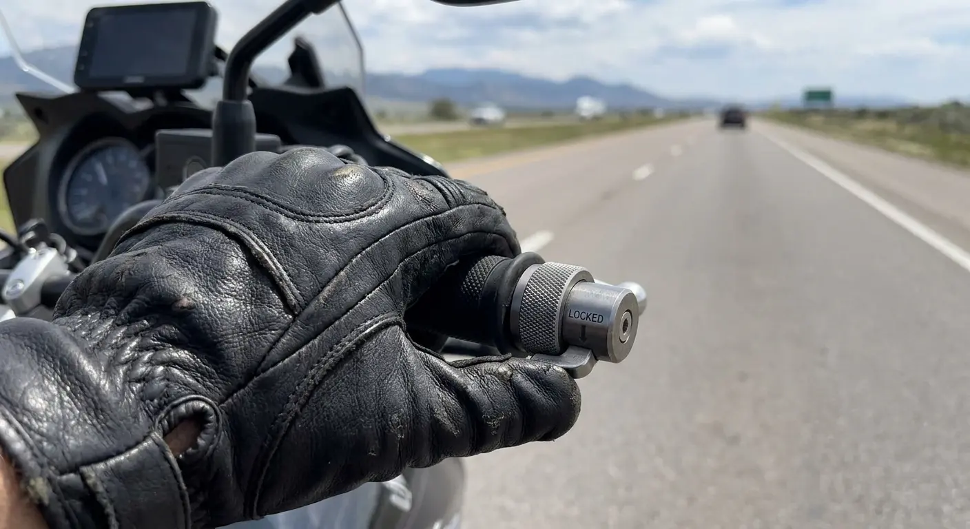 Crampbuster throttle lock device on Indian motorcycle handlebar grip