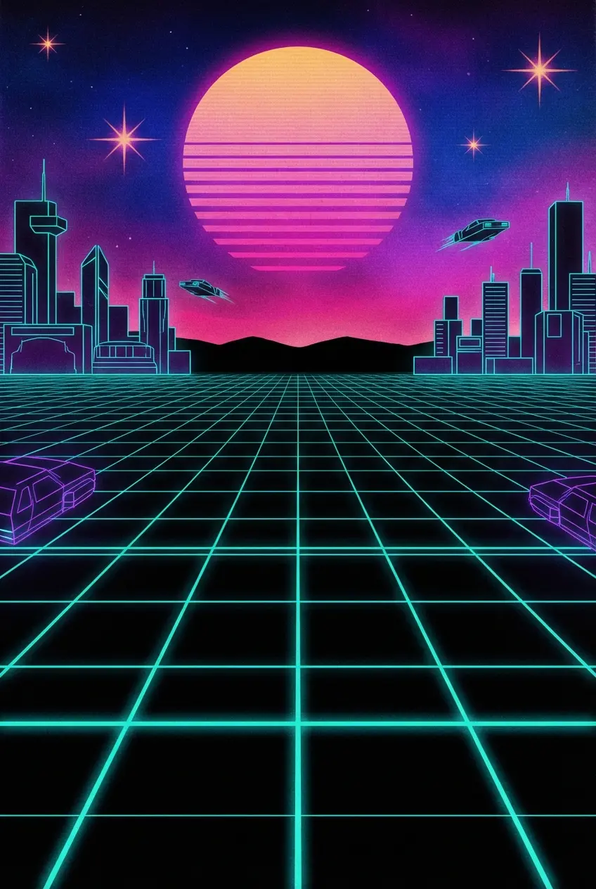 Neon Cyberpunk Grid glowing in neon teal against a dark purple or black horizon