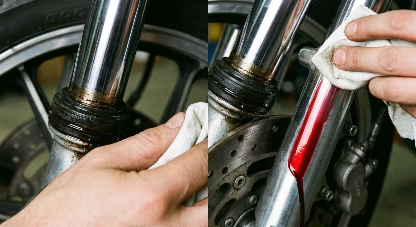 Motorcycle fork seal inspection showing oil leakage and proper evaluation technique