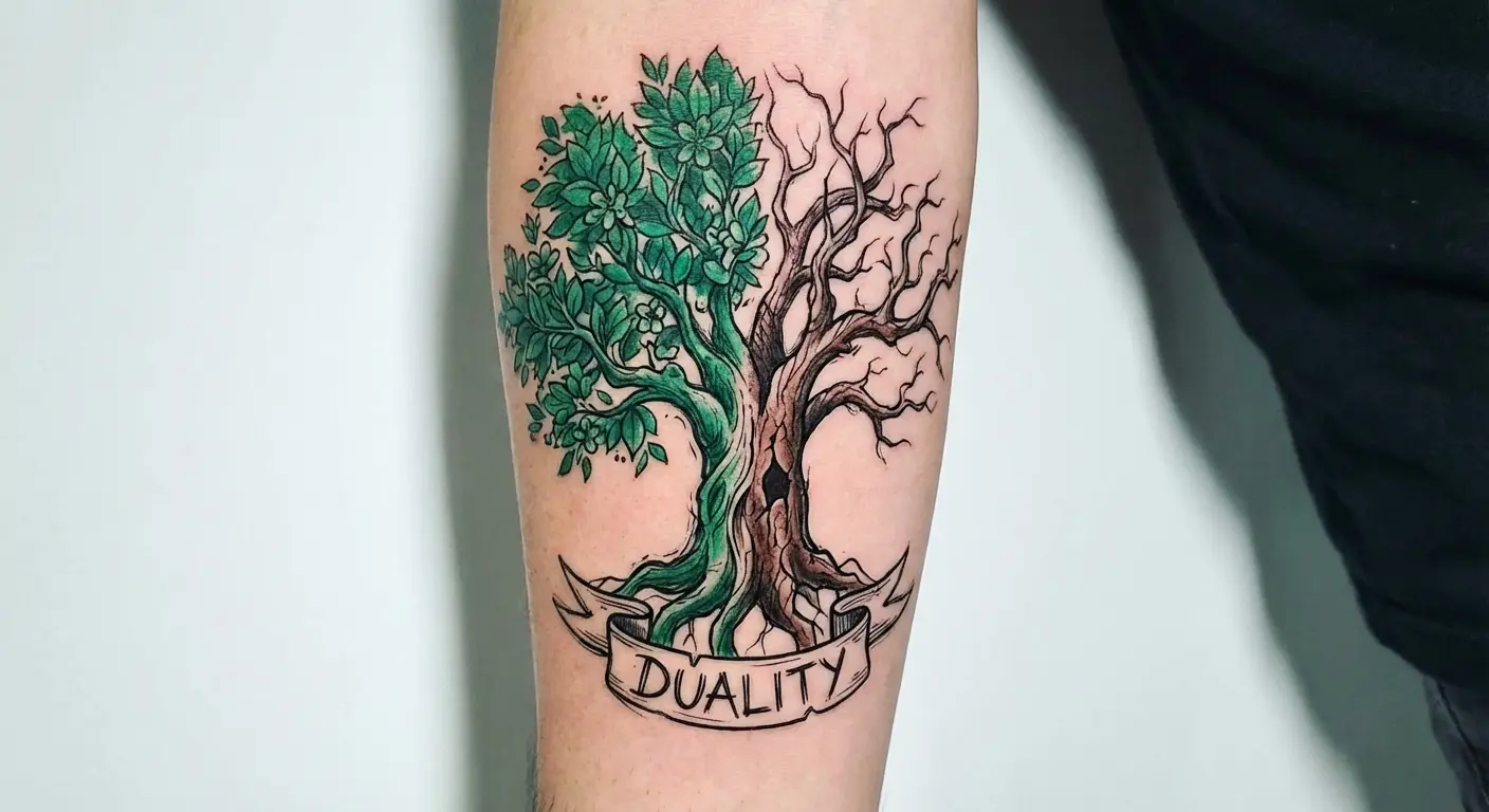 Split tree tattoo design showing half alive and half dead