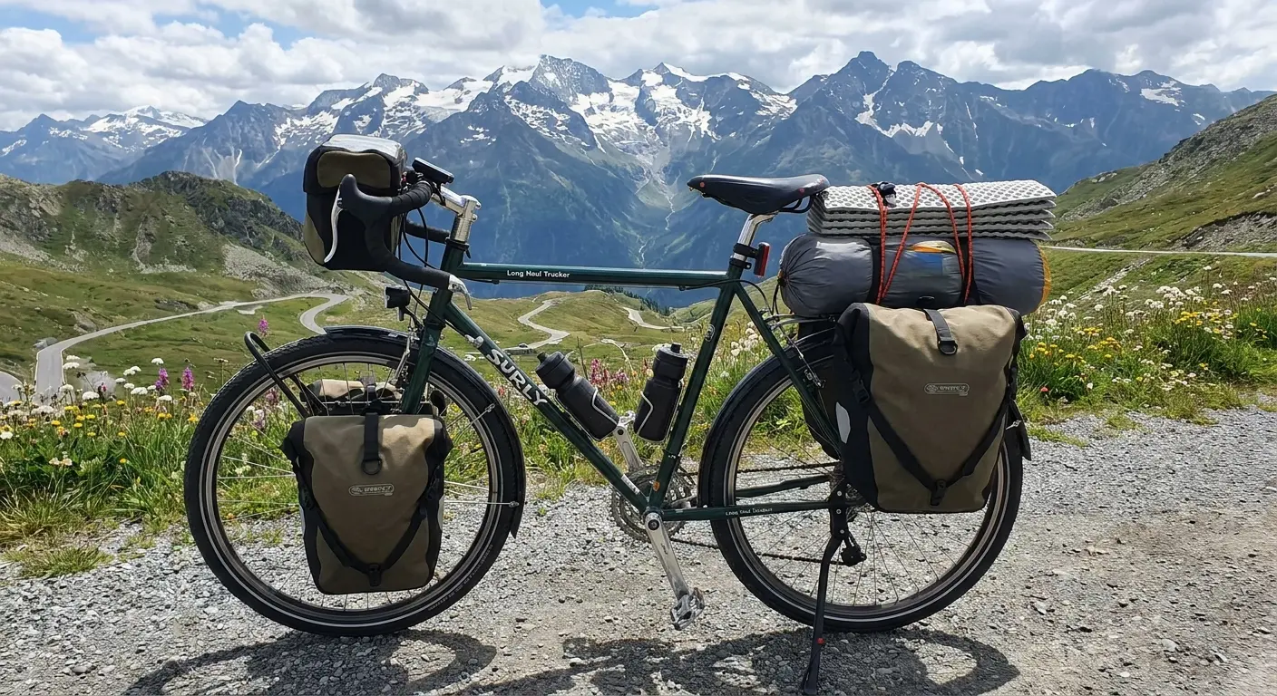Touring bike with loaded panniers