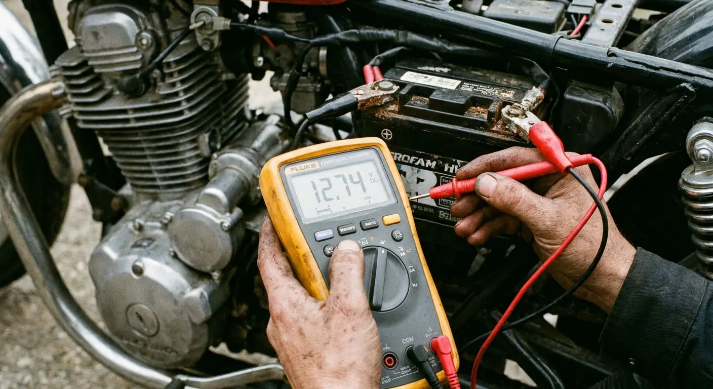 Multimeter testing motorcycle battery voltage