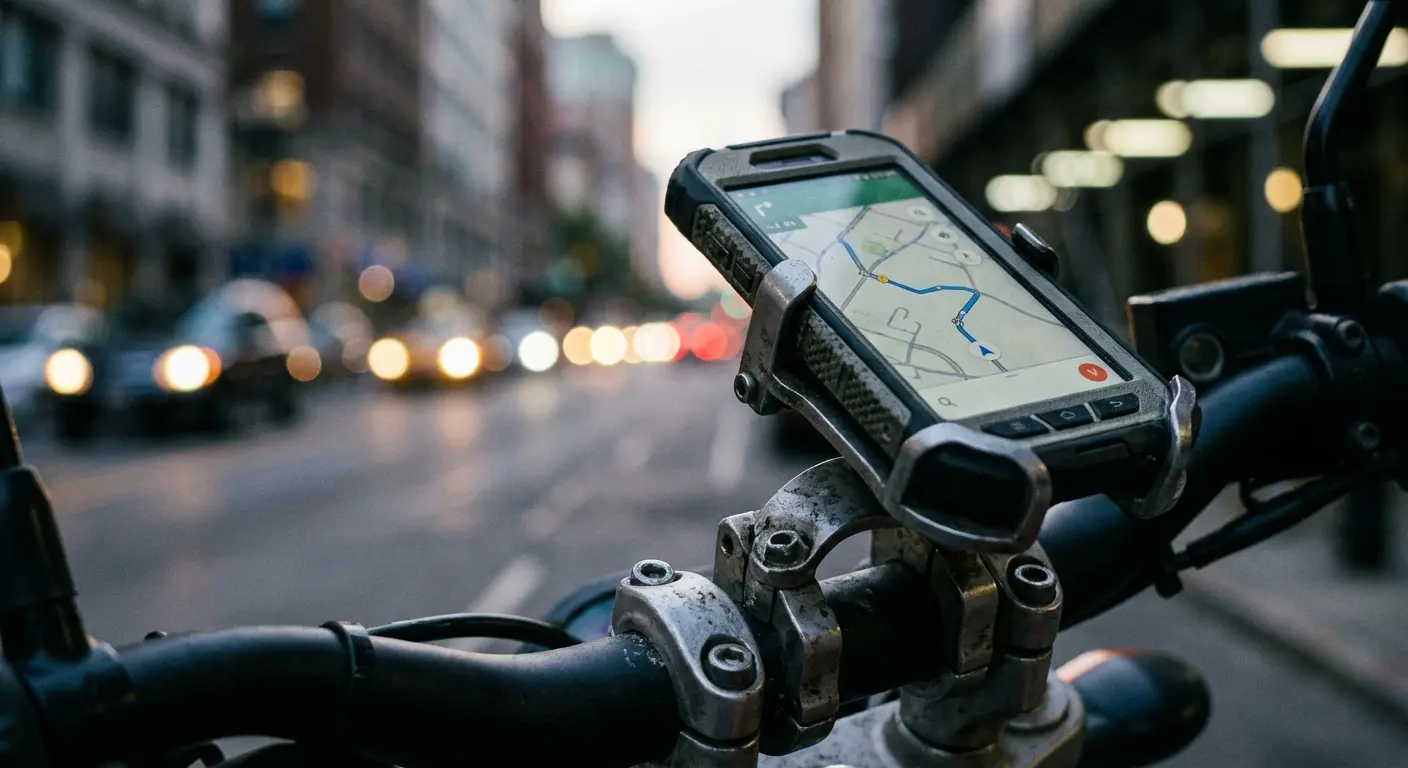 Rugged phone case mounted securely on a motorcycle handlebar