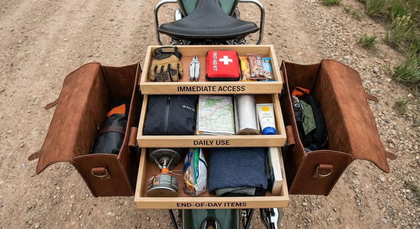 Organized motorcycle saddlebags with gear