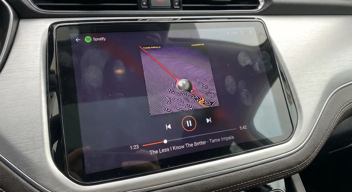 Spotify interface on Android Auto showing large controls
