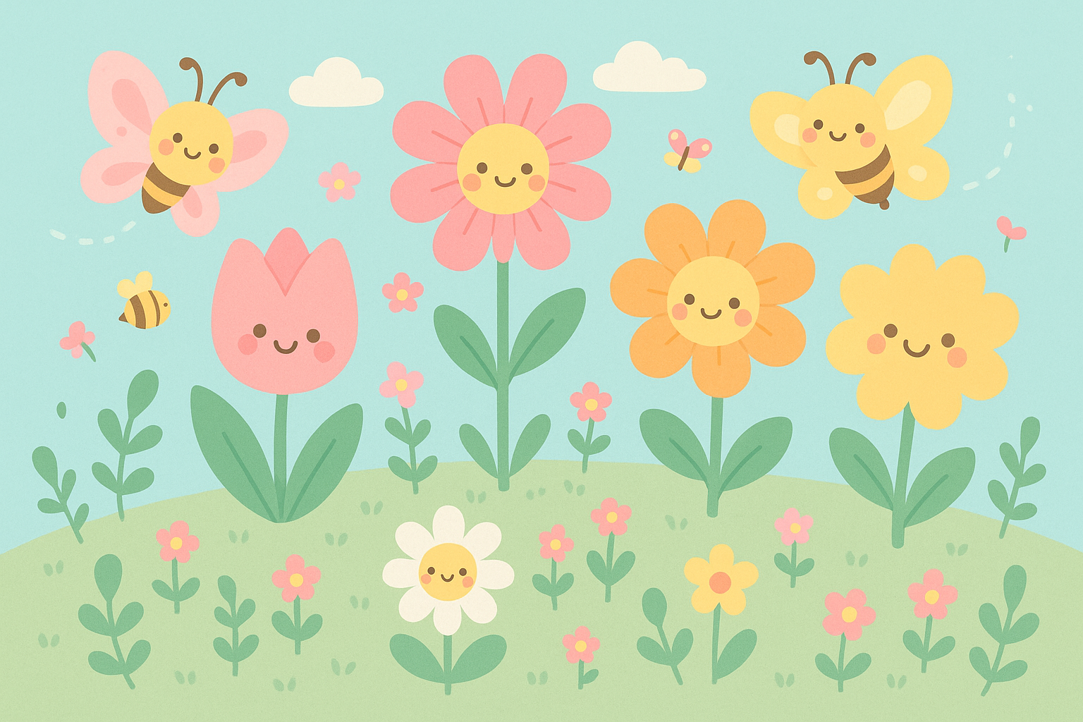 Kawaii spring garden scene with cute cartoon flowers and butterflies