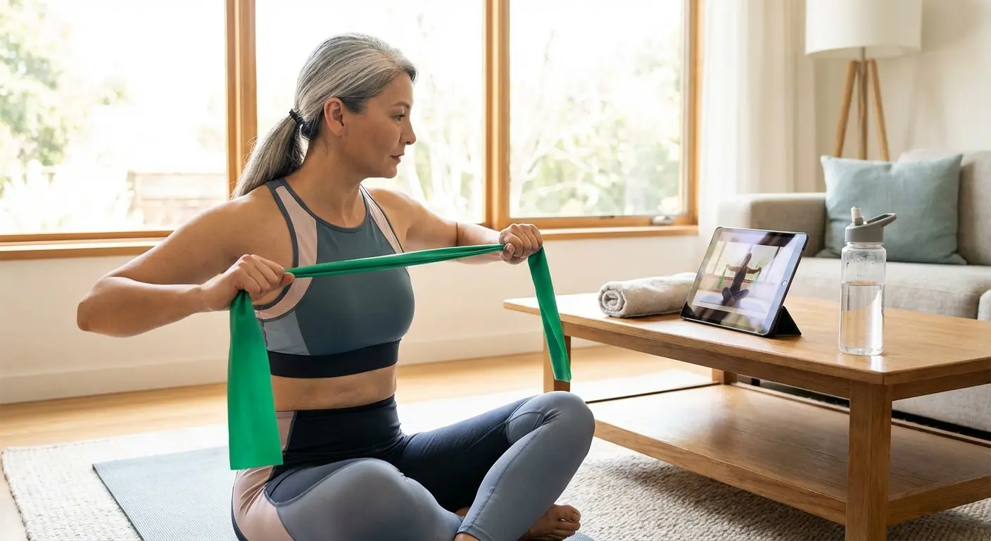 Older woman smiling while looking at tablet for workout
