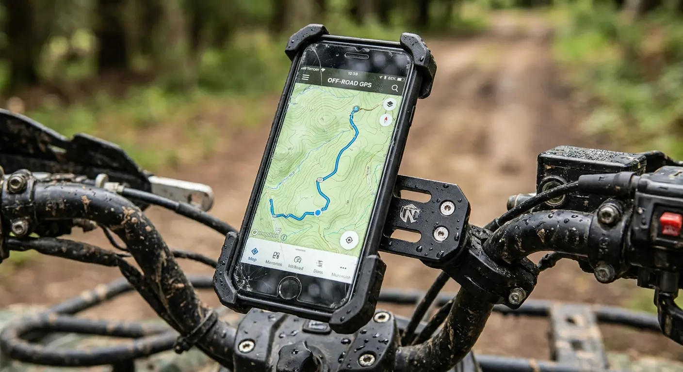 Phone mount attached to ATV handlebars