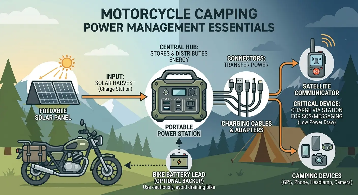 Emergency satellite communicator for remote motorcycle camping