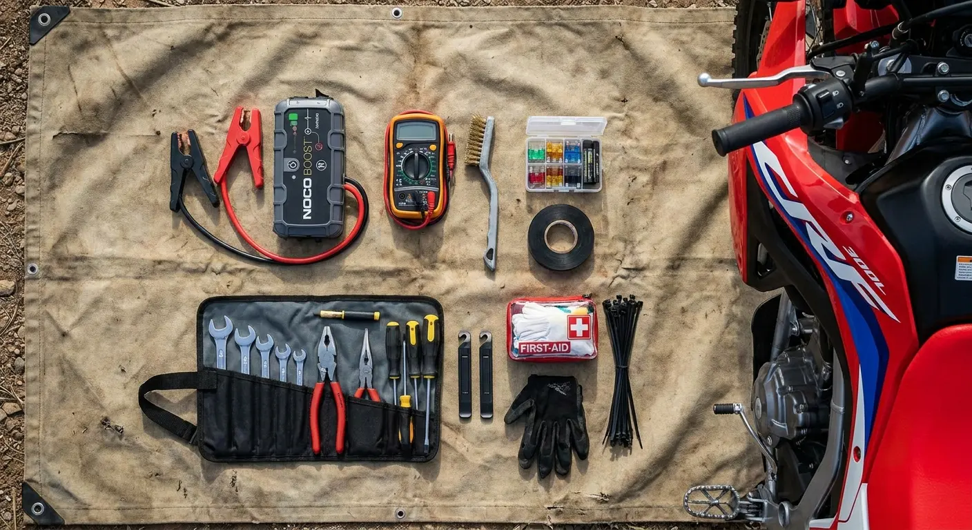 Compact motorcycle emergency tool kit laid out